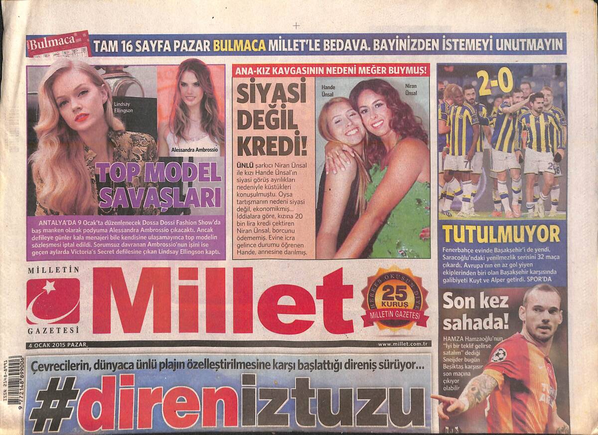 Millet Gazetesi 4 Ocak 2015 - Hande Ünsal Ve Annesi'nin Kavgası Siyasi Değil Kredi! - Hamza Hamzaoğlu Son Kez Sahada! GZ136940 - 1