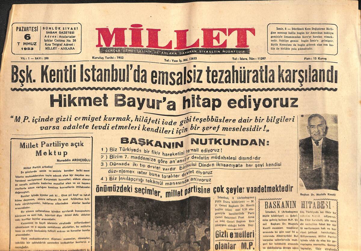 Millet Gazetesi 6 Temmuz 1953 - M.P den İstifa Edenler Netleşiyor - Pahalılıkla Mücadele Cemiyeti - Başkanın Hitabesi GZ133209 - 1