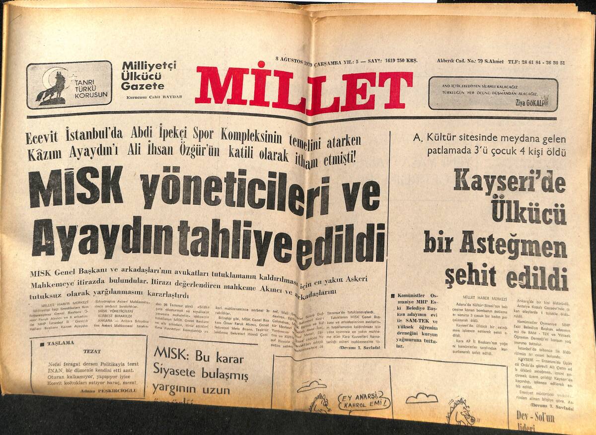 Millet Gazetesi 8 Ağustos 1979 - MSK Yöneticileri Ve Ayaydın Tahliye Edildi GZ148440 - 1