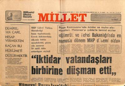 Millet Gazetesi 8 Ocak 1979 - İktidar Vatandaşları Birbirine Düşman Etti GZ103785 - 1