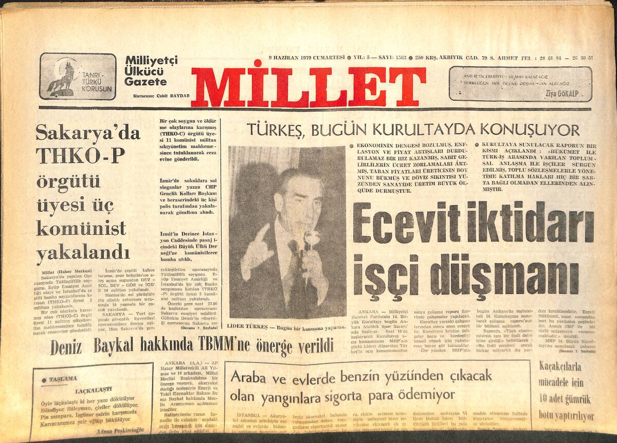 Millet Gazetesi 9 Haziran 1979 - Ecevit İktidarı İşçi Düşmanı - Trabzonspor Dünya'da En Az Gol Yiyen Takım - Muhammed Ali Gösteri Maçına Çıkacak GZ142268 - 1