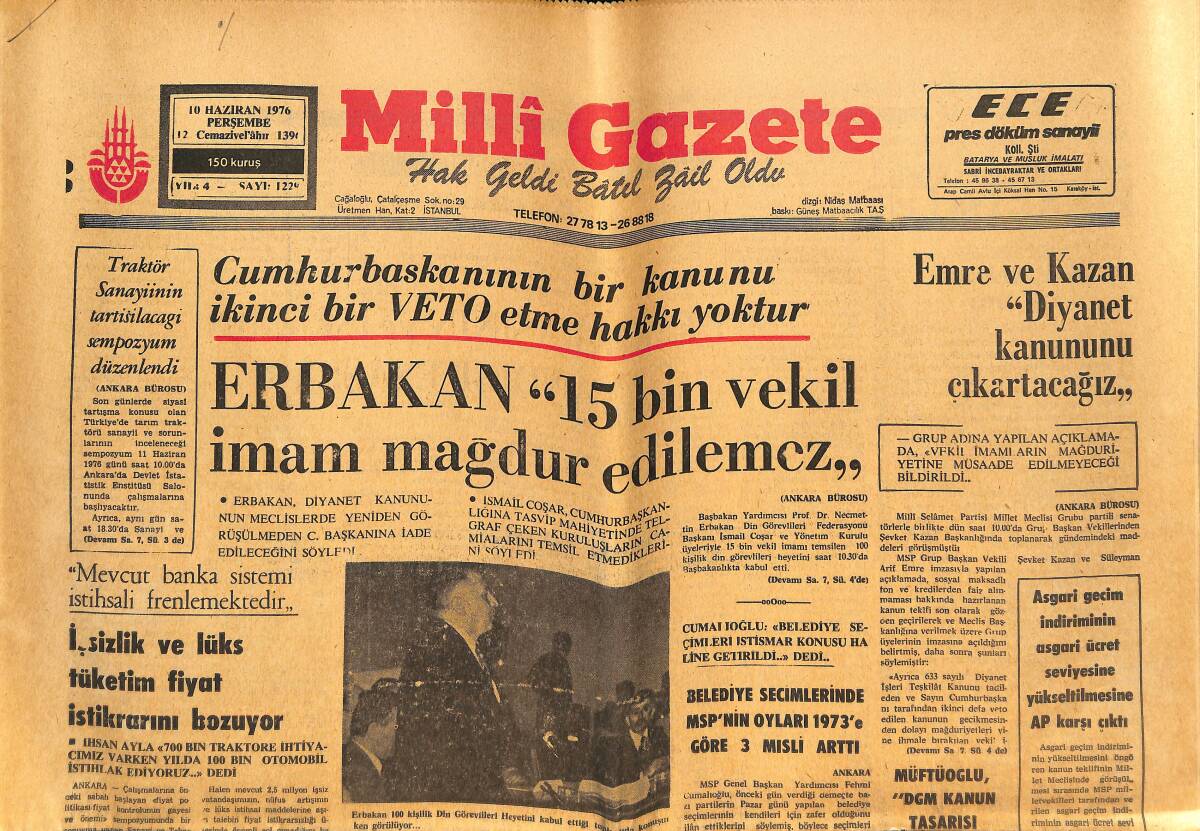 Milli Gazete 10 Haziran 1976 - Erbakan 15 Bin Vekil İmam Mağdur Edilemez! - Bülent Ecevit, Rusya Yolculuğuna Çıkıyor! GZ145725 - 1