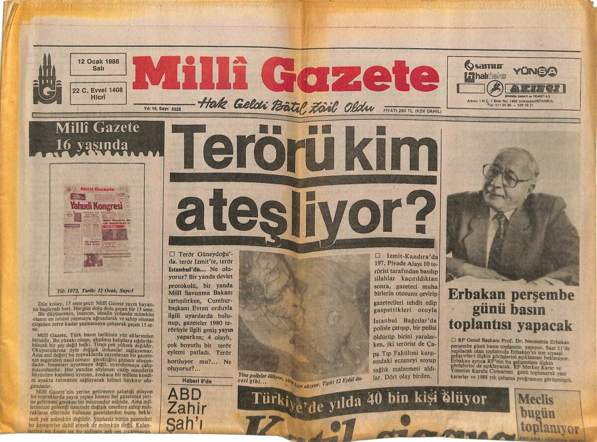 Milli Gazete 12 Ocak 1988 - Terörü Kim Ateşliyor? - Necmettin Erbakan Perşembe Günü Basın Toplantısı Yapacak! GZ145204 - 1