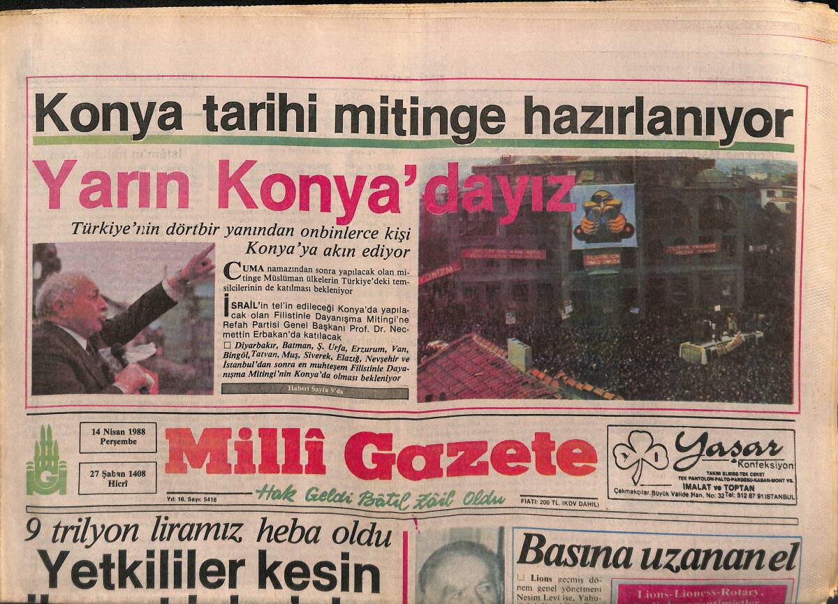 Milli Gazete 14 Nisan 1988 - Konya Tarihi Mitinge Hazırlanıyor - Yerel Seçim Yasasına Tepkiler - Şamir 