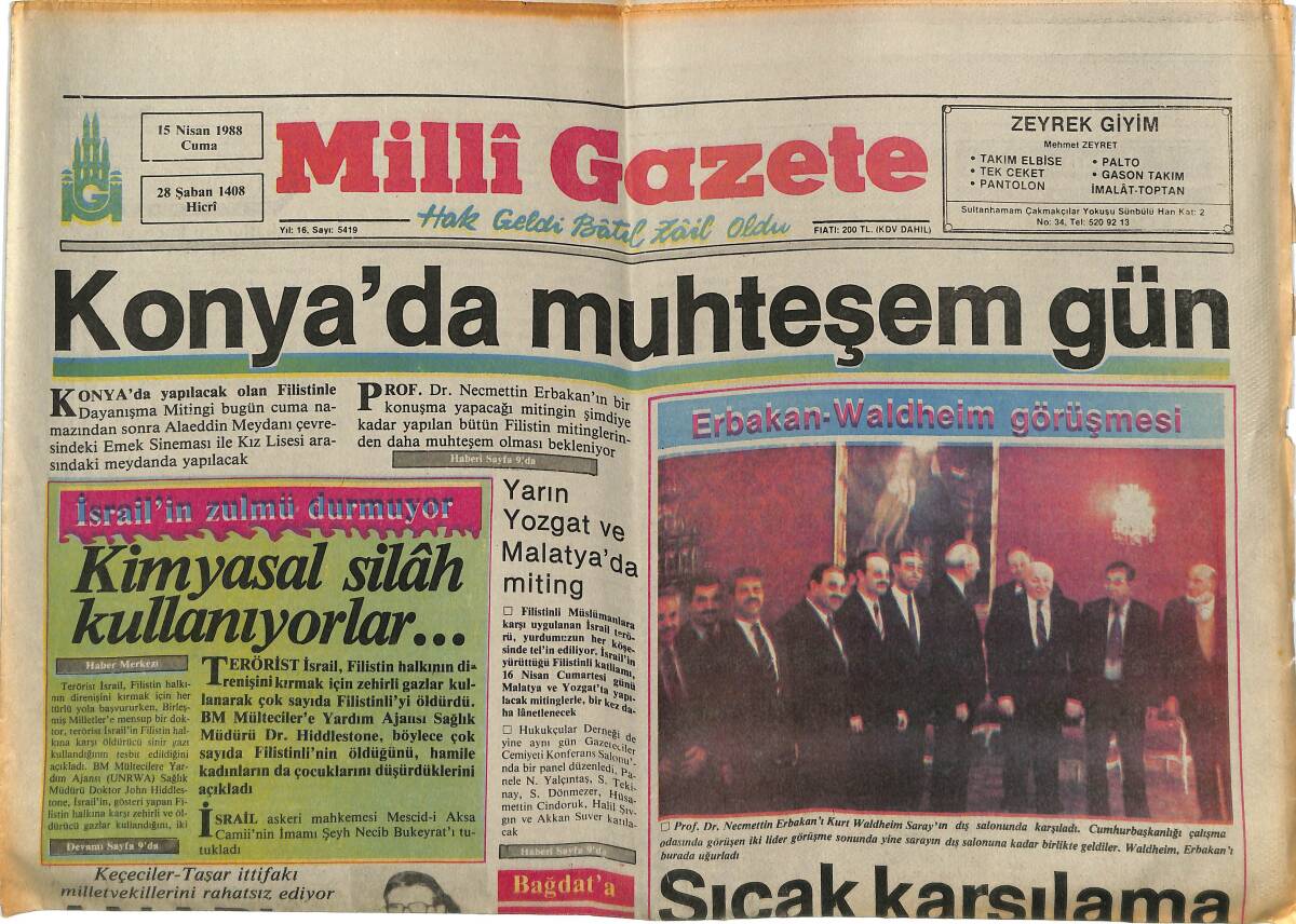 Milli Gazete 15 Nisan 1988 - Konya'da Muhteşem Gün - ANAP'TA Kazan Kaynıyor - Erbakan- Waldheim Görüşmesi GZ145196 - 1