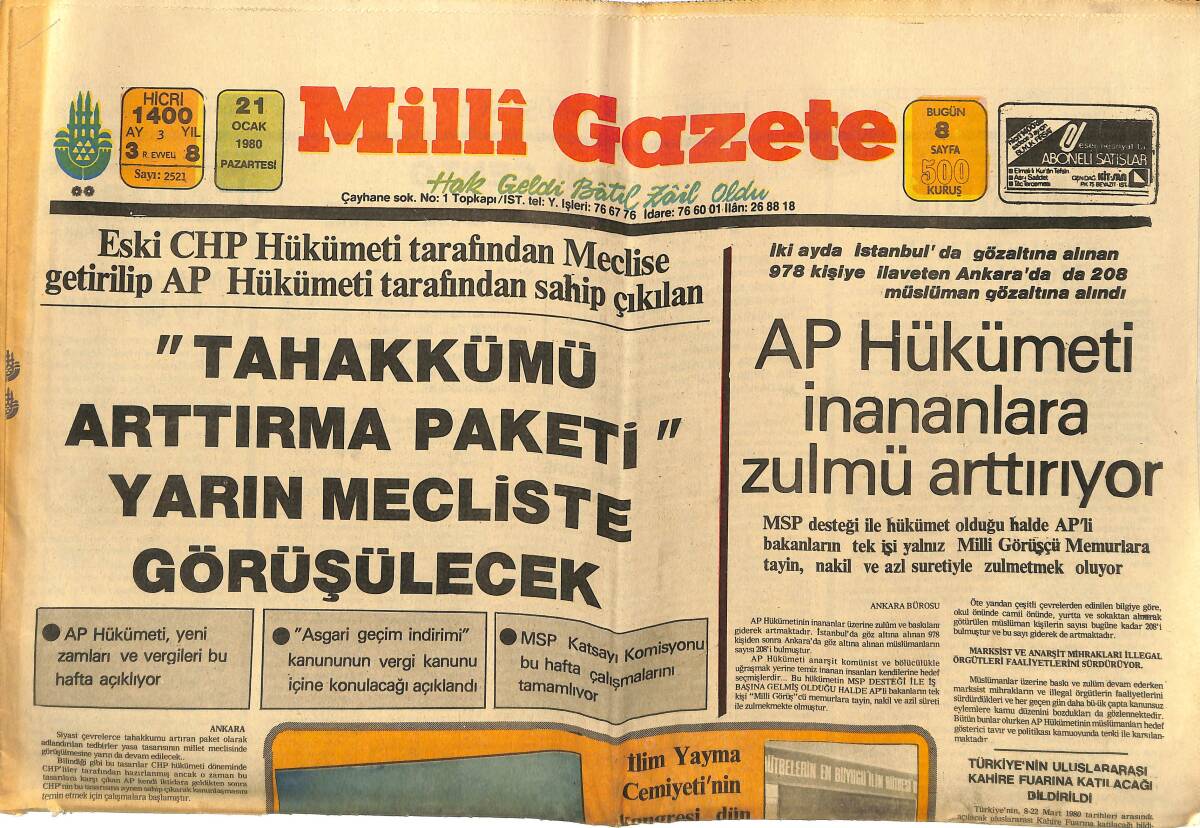 Milli Gazete 21 Ocak 1980 - AP Hükümeti İnananlara Zulmü Arttırıyor - MSP İl Konuşmacıları Eğitim Çalışmaları Tamamlandı GZ145194 - 1