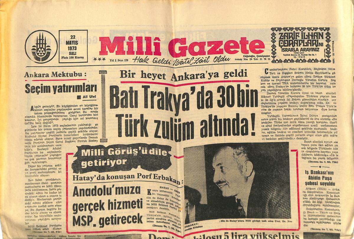 Milli Gazete 22 Mayıs 1973 - Batı Trakya'da 30 Bin Türk Zulüm Altında - Demir Karaborsasına 3-5 Paralı Kişi Sebep Olmuş! GZ145195 - 1
