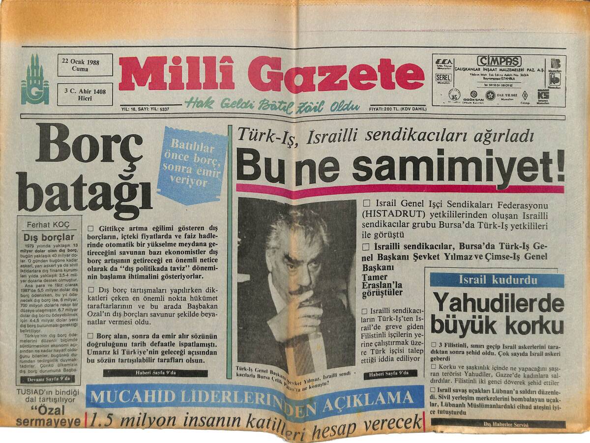 Milli Gazete 22 Ocak 1988 - Komünistler Yargılanacak - Türk-İş İsrailli Sendikacıları Ağırladı! - Yahudilere Büyük Korku! GZ145202 - 1