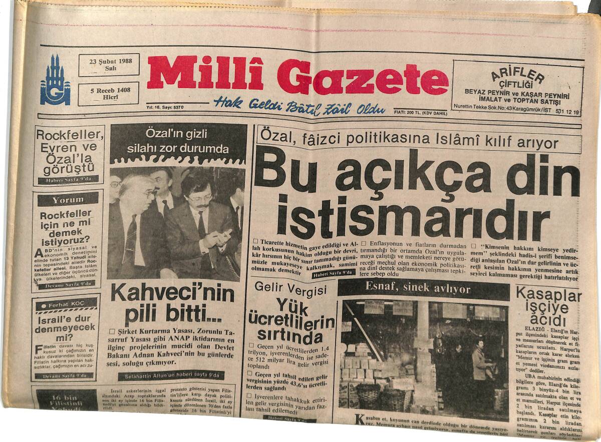 Milli Gazete 23 Şubat 1988 - Turgut Özal: Bu Açıkça Din İstismarıdır. - TRT Hedef Tahtası Mı? GZ145198 - 1