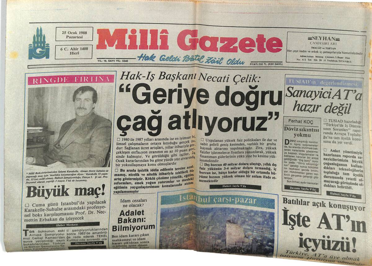 Milli Gazete 25 Ocak 1988 - Ölüm Füzeleri - Sanayici AT'A Hazır Değil - Ziraat Bankası Çiftçiyi Perişan Etti! GZ145203 - 1