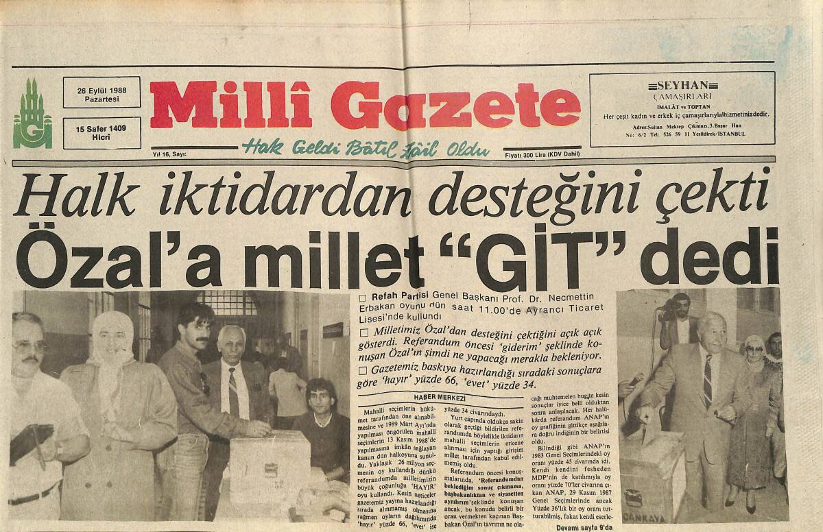 Milli Gazete 26 Eylül 1988 - Halk İktidardan Desteğini Çekti - Özal'a Millet Git Dedi! - Grevler Dalga Dalga Geliyor! GZ145731 - 1