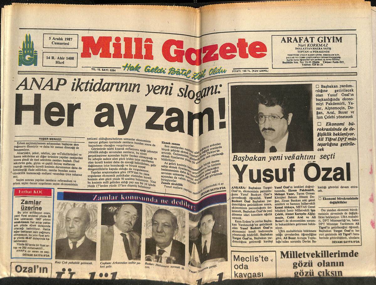 Milli Gazete 5 Aralık 1987 - ANAP İktidarın Yeni Sloganı: Her Ay Zam! - Başbakan Yeni Veliahtını Seçti: Yusuf Özal! GZ145723 - 1