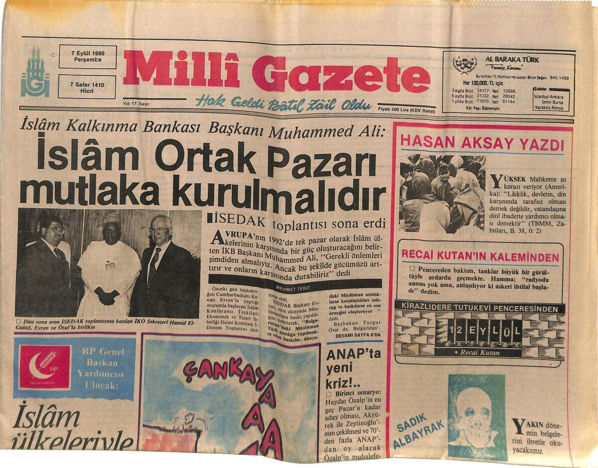 Milli Gazete 7 Eylül 1989 - İslam Ortak Pazarı Mutlaka Kurulmalıdır - Yahudiler Alaska'ya GZ145205 - 1