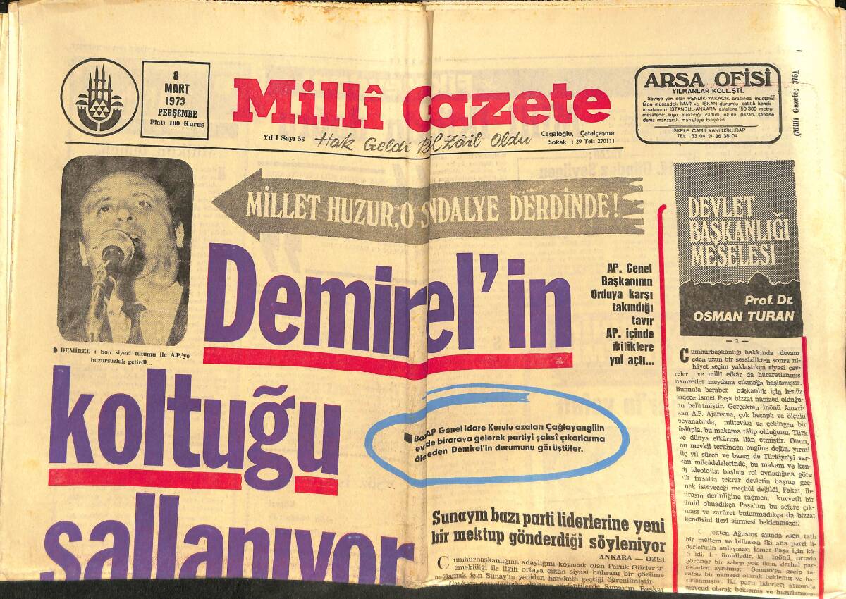 Milli Gazete 8 Mart 1973 - Süleyman Demirel'in Koltuğu Sallanıyor! - Faruk Gürler Veda Mesajı Yayınladı! GZ145726 - 1