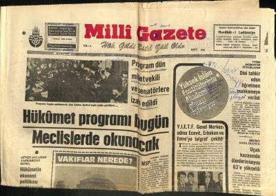 Milli Gazete Gazetesi 1 Şubat 1974 - 2. Bayezidin Türbesi Berduş Yuvası Oldu - Hükümet Programı Meclislerde Okunacak GZ98365 - 1
