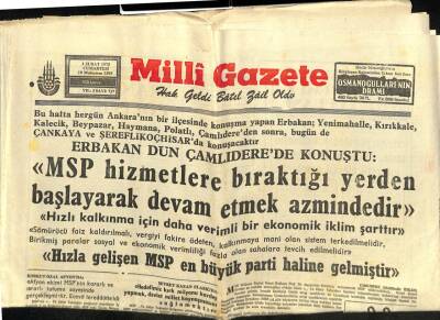 Milli Gazete Gazetesi 1 Şubat 1975 - Erbakan Dün Çamlıderede Konuştu MSP Hizmetlere Bıraktığı Yerden Başlayarak Devam Etmek Azmindedir GZ98601 - 1