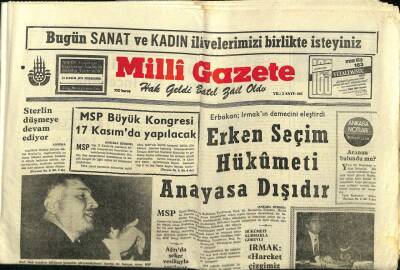 Milli Gazete Gazetesi 14 Kasım 1974 - MSP Büyük Kongresi 17 Kasımda Yapılacak GZ98563 - 1
