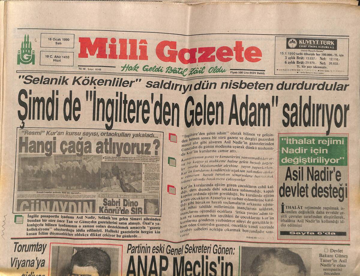 Milli Gazete Gazetesi 16 Ocak 1990 - Özal Bugün ABD Yolcusu - Asil Nadir'e Devlet Desteği GZ151454 - 1