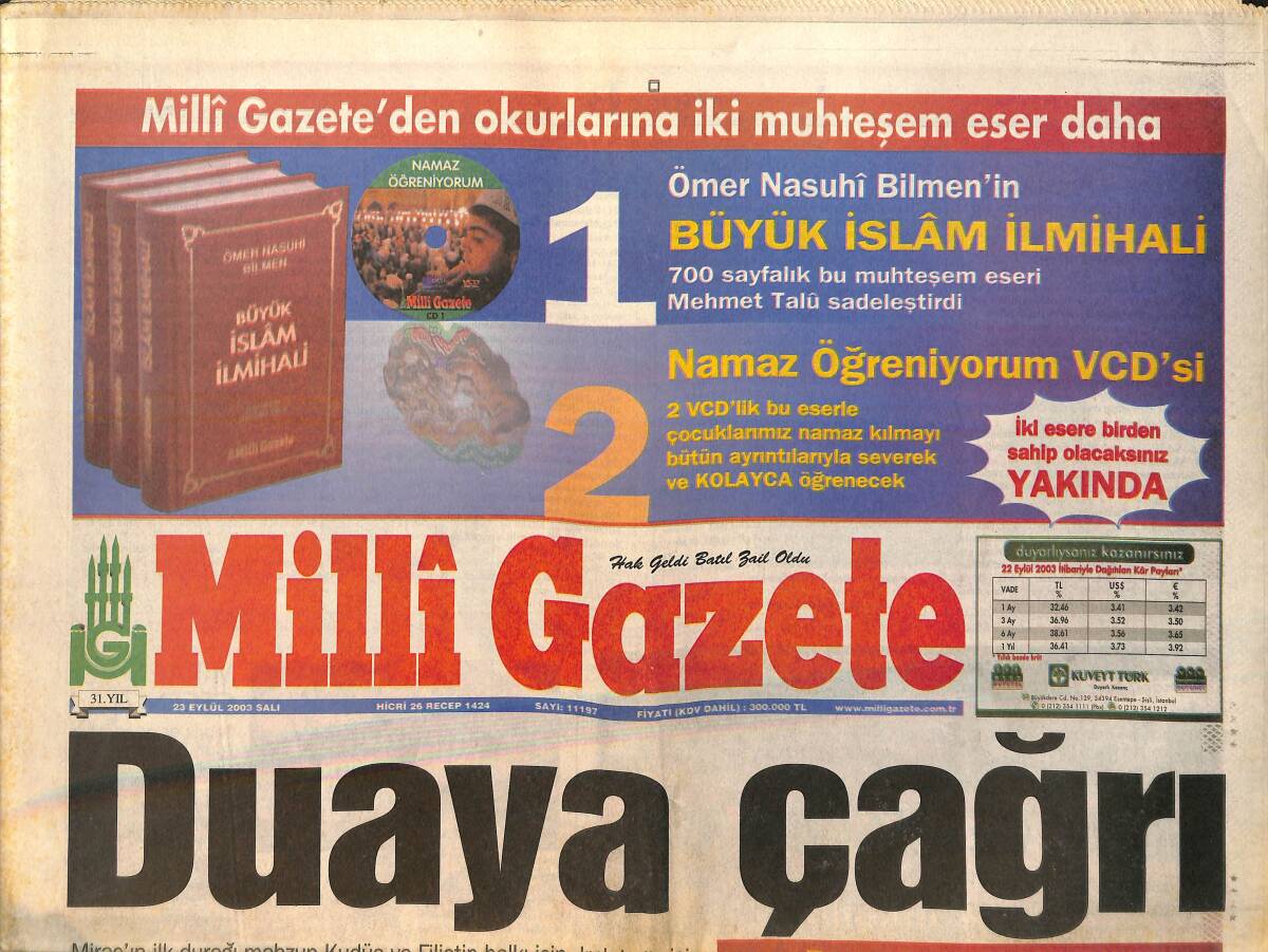 Milli Gazete Gazetesi 23 Eylül 2003 - Clinton'dan Şaron'a : İsrail'i Destekliyorum GZ157224 - 1