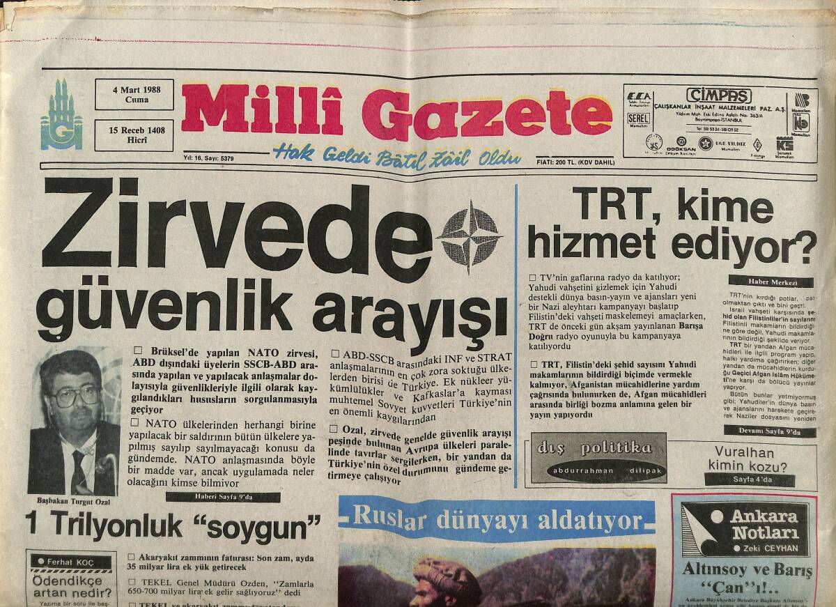 Milli Gazete Gazetesi 4 Mart 1988 - TRT , Kime Hizmet Ediyor ? - İran'dan Irak'a Öneri GZ151452 - 1