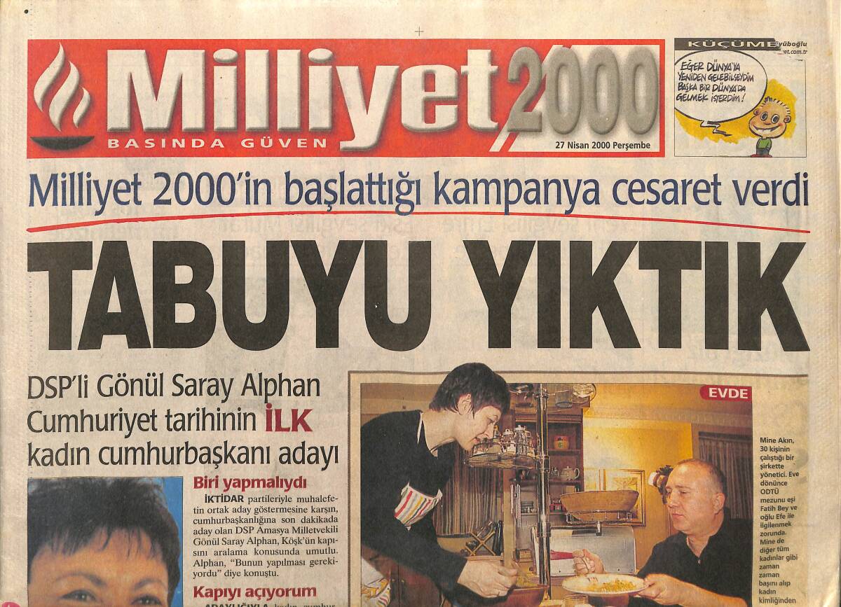 Milliyet 2000 Gazetesi 27 Nisan 2000 - DSP'li Gönül Saray Alphan Cumhuriyet Tarihinin İlk Kadın Cumhurbaşkanı Adayı GZ157312 - 1
