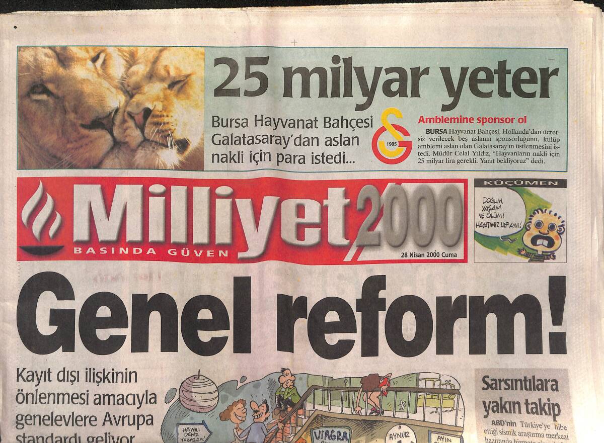 Milliyet 2000 Gazetesi 28 Nisan 2000 - Felce Karşı Zehir İlaç - Bursa Hayvanat Bahçesi Galatasaray'dan Aslan Nakli İçin Para İstedi... GZ152773 - 1