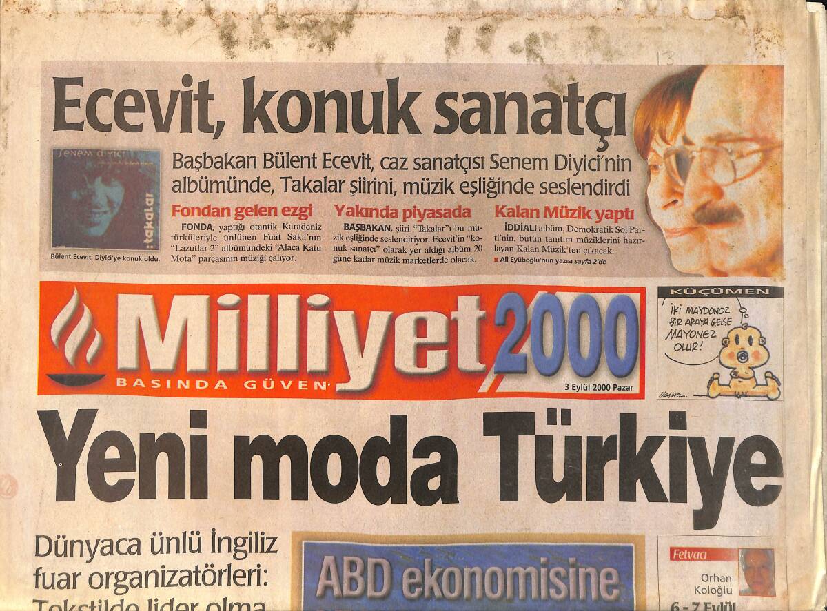 Milliyet 2000 Gazetesi 3 Eylül 2000 - Tarkan'ın Albümünde Minik Serçenin Bestesi Yok - Çıldırtan Ada GZ2083 - 1