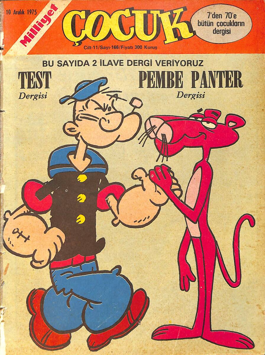 Milliyet Çocuk Dergisi 10 Aralık 1975 Sayı: 166 - Kapak: Temel Reis ve Pembe Panter - Red Kit - Kaygısızlar - Aristokratlar - Tatlı Cadı - Ten Ten NDR97168 - 1