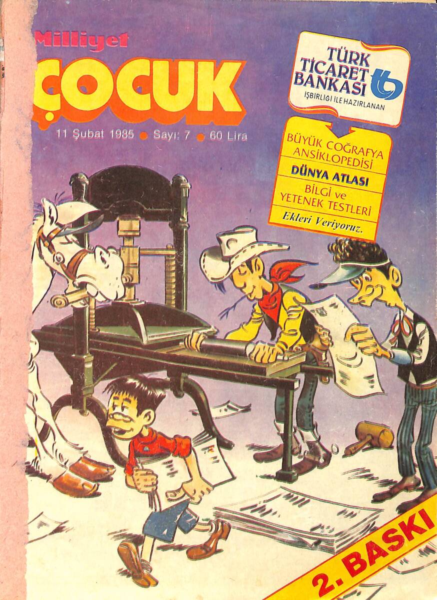 Milliyet Çocuk Dergisi 11 Şubat 1985 Sayı 7 - Kapak: Red Kit - Şimşek Santrafor - Kara İle Fantona - Şirinler NDR97051 - 1