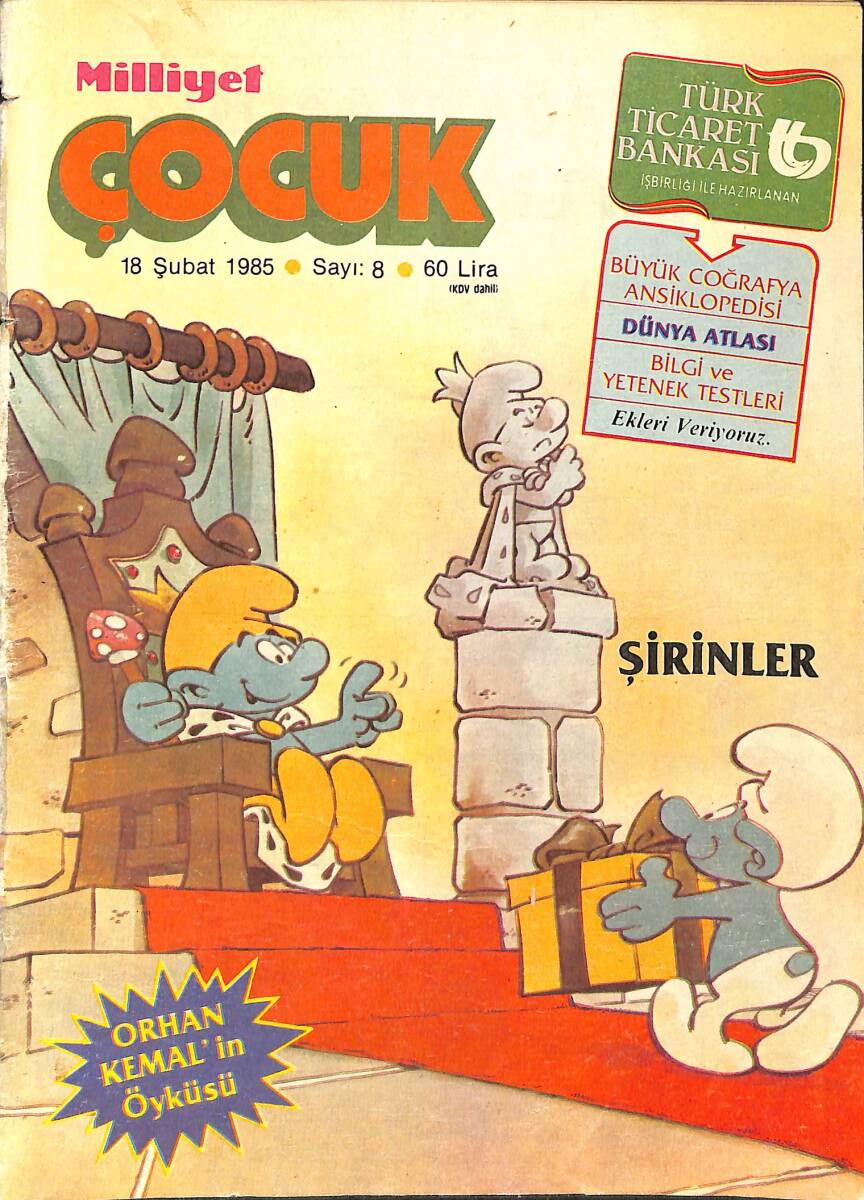 Milliyet Çocuk Dergisi 18 Şubat 1985 Sayı: 8 - Kapak: Şirinler - Red Kit - Şimşek Santrafor NDR97079 - 1