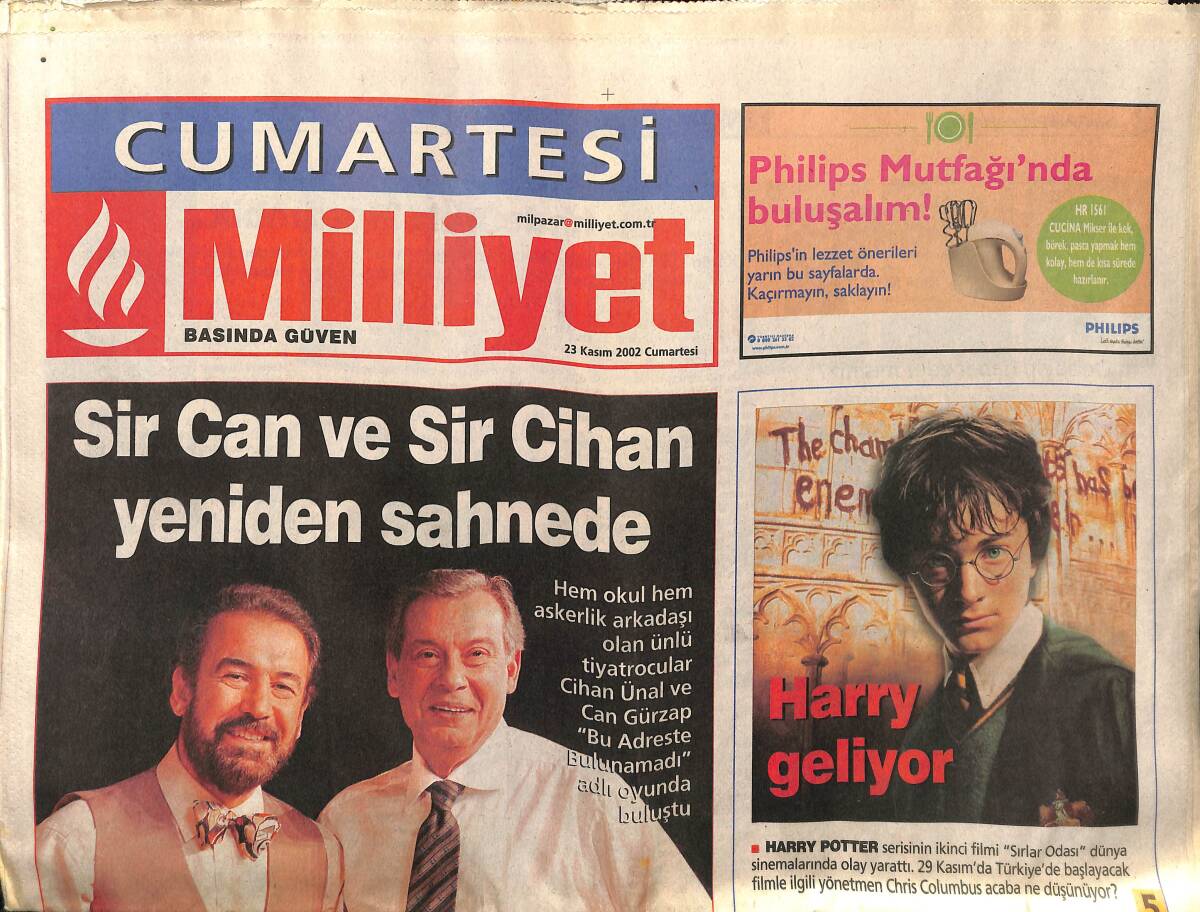 Milliyet Cumartesi Gazetesi 23 Kasım 2002 - Sir Can Ve Sir Cihan Yeniden Sahnede - Harry Potter Sihri Sürüyor GZ157401 - 1