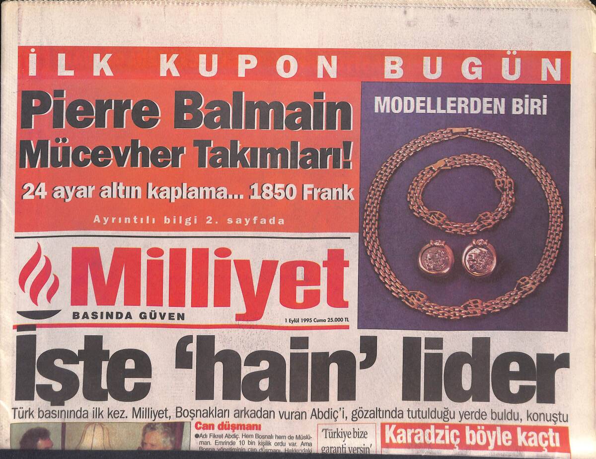 Milliyet Gazetesi 1 Eylül 1995 - Çin'de Çiller'in Adı Yok ! - Baykal Kaza Yaptı - Terim : Saklandık GZ132869 - 1