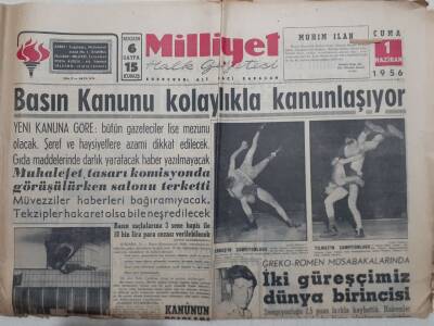 Milliyet Gazetesi - 1 Haziran 1956 - Dursun Ali Erbaş - Yaşar Yılmaz Güreşte Dünya Şampiyonu GZ112173 - 1