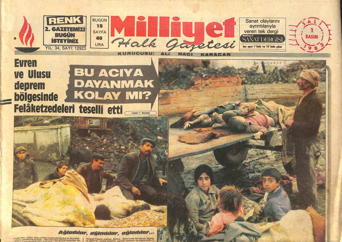 Milliyet Gazetesi 1 Kasım 1983 - İbrahim Tatlıses Urfaspor'da Başkan Adayı - Evren Ve Ulusu Deprem Bölgesinde Felaketzedeleri Teselli Etti GZ3306 - 1
