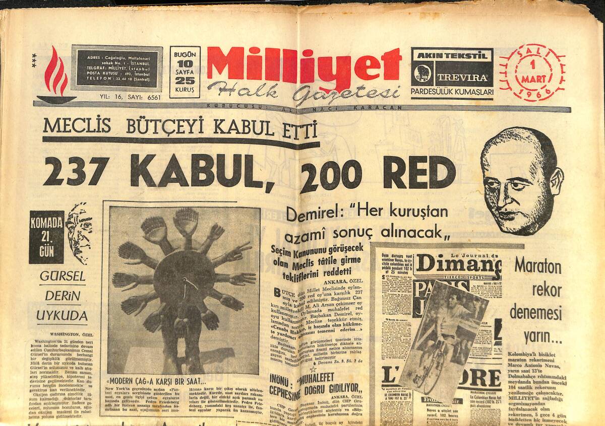Milliyet Gazetesi 1 Mart 1966 - Cemal Gürsel Derin Uykuda - Süleyman Demirel: Her Kuruştan Azami Sonuç Alınacak! GZ140199 - 1