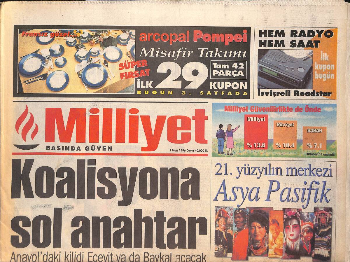 Milliyet Gazetesi 1 Mart 1996 - Fatih Terim Endişeli - Feyman 100 Milyara Star'da GZ132821 - 1
