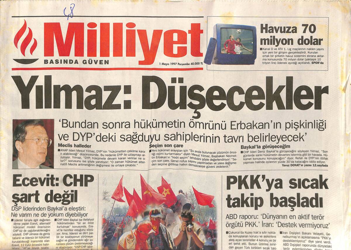 Milliyet Gazetesi 1 Mayıs 1997 - Pengalos : Türk-Yunan Sorunları Çözülecek - Ali Sami Yen'de Şölen GZ152430 - 1