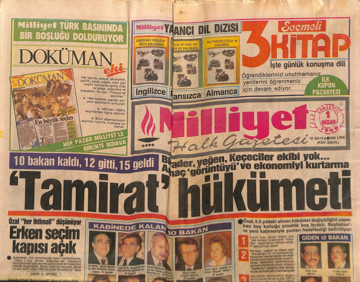 Milliyet Gazetesi 1 Nisan 1989 - Erken Seçim Kapısı Açık - Milli Takım'a Tuzak GZ149513 - 1