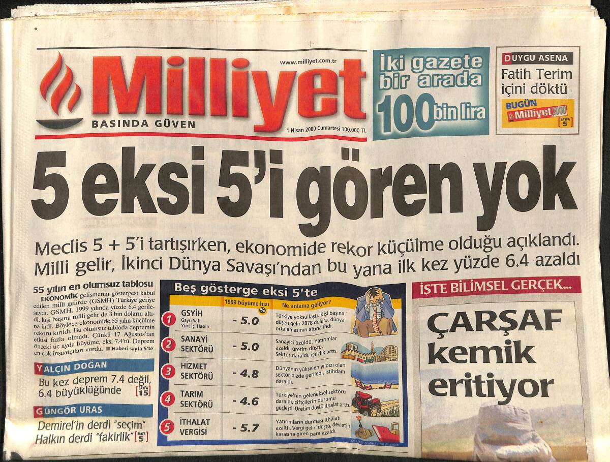 Milliyet Gazetesi 1 Nisan 2000 - Ecevit'ten Barış Mesajı - Çarşaf Kemik Eritiyor GZ157376 - 1