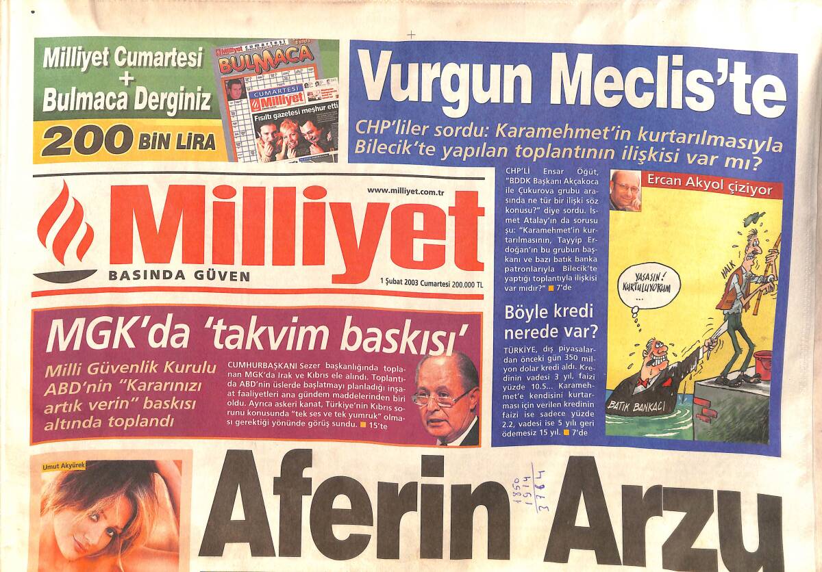 Milliyet Gazetesi 1 Şubat 2003 - Felipe Darbesi - MGK'da Takvim Baskısı GZ157246 - 1