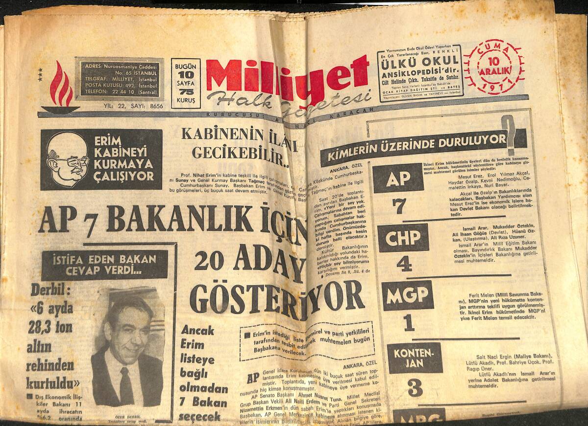 Milliyet Gazetesi 10 Aralık 1971 - AP 7 Bakanlık İçin 20 Aday Gösteriyor! - Hintliler Karaçi'yi Yine Bombaladı! GZ146317 - 1