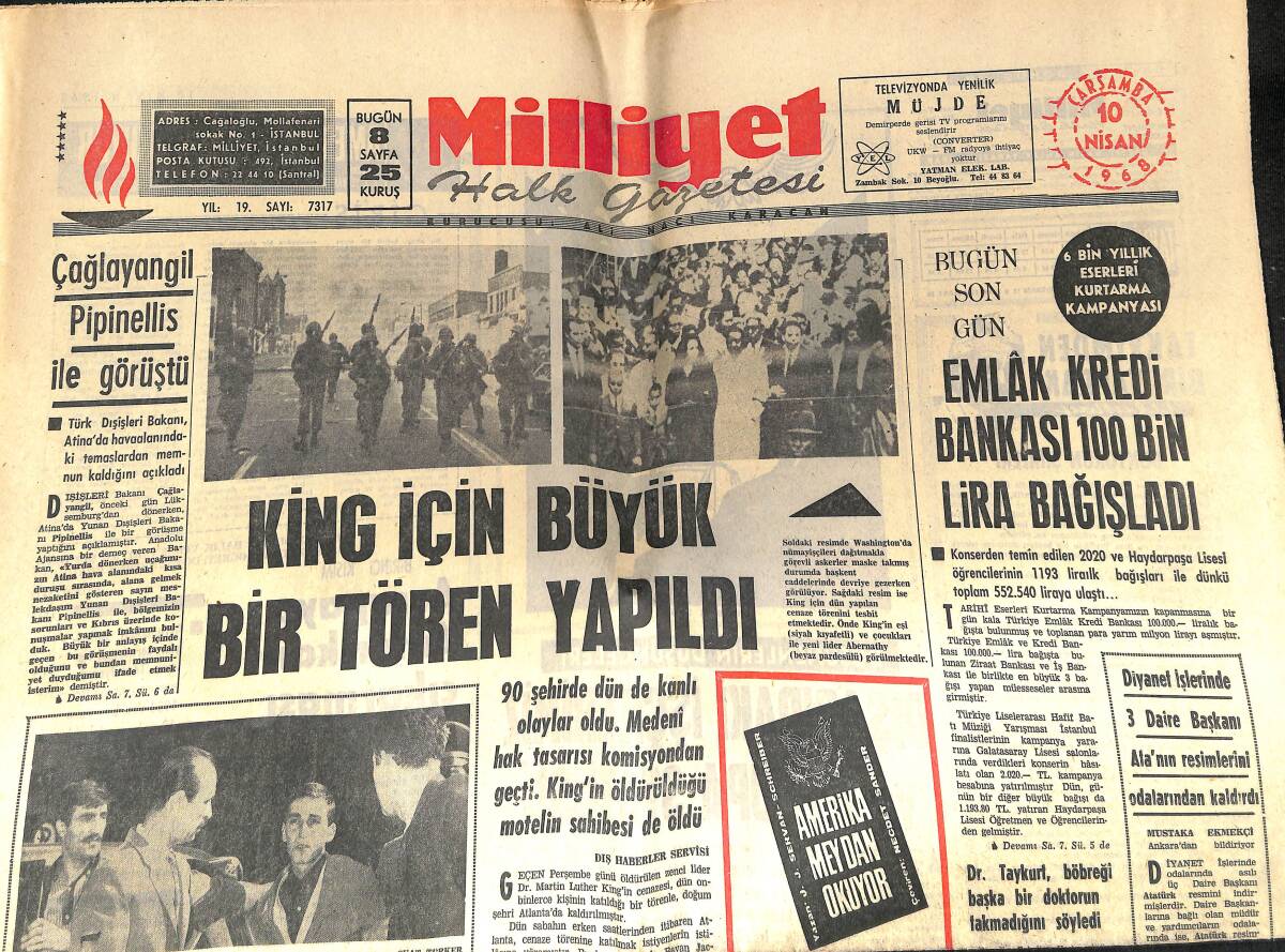 Milliyet Gazetesi 10 Nisan 1968 - King İçin Büyük Bir Tören Yapıldı - İbrahim Elmalı, MP Teşkilatına Bir Genelge Gönderdi! GZ146017 - 1