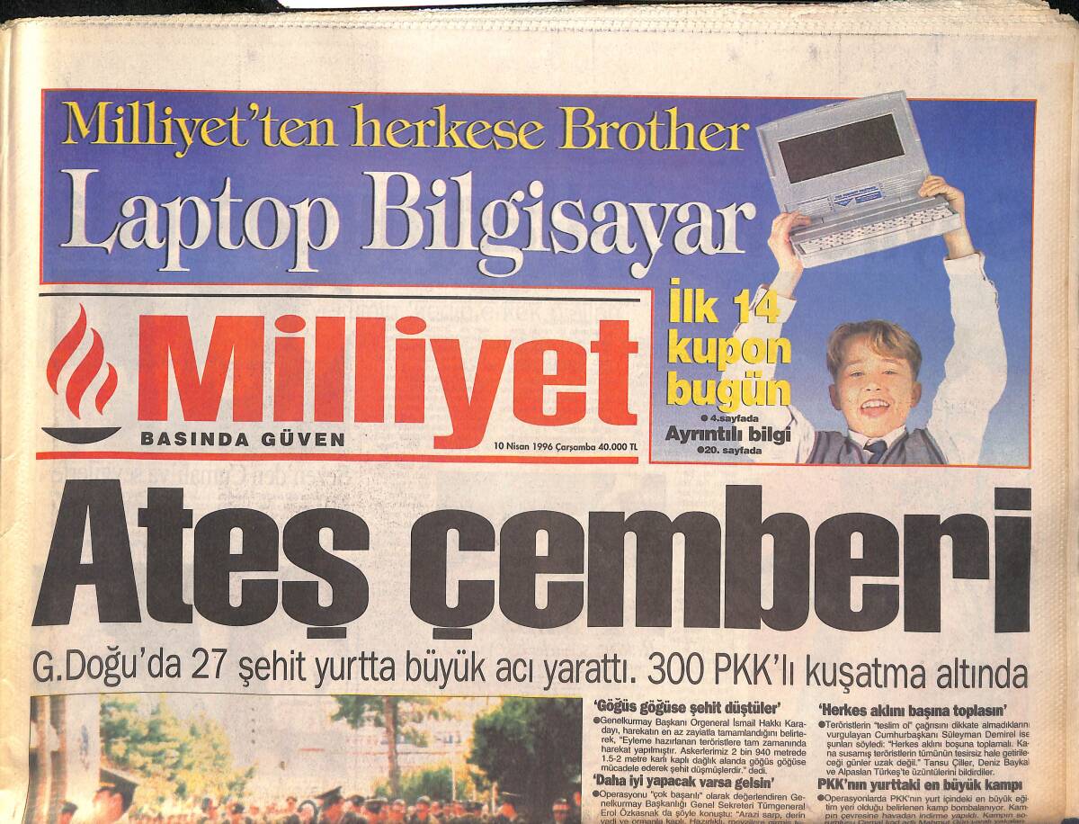 Milliyet Gazetesi 10 Nisan 1996 - G.Doğu'da 27 Şehit Yurtta Büyük Acı Yarattı - Ecevit'in Irak Planı GZ132823 - 1
