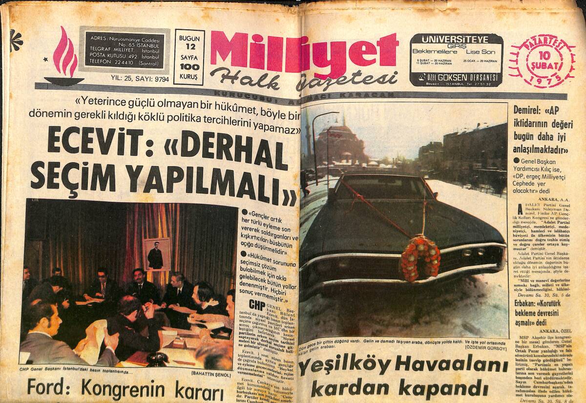 Milliyet Gazetesi 10 Şubat 1975 - Ecevit: Derhal Seçim Yapılmadı - İzmit'in Sembolü Saat Kulesi İçin İskele Kuruldu Ama, Onarım Başlamadı GZ140065 - 1