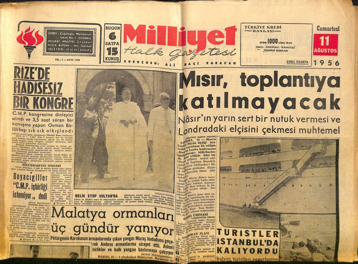 Milliyet Gazetesi 11 Ağustos 1956 - Beşiktaş'ın Macar Antrenörü Geldi - Bir Fabrikada İnfilak Oldu - Malatya Ormanları Üç Gündür Yanıyor! GZ140161 - 1