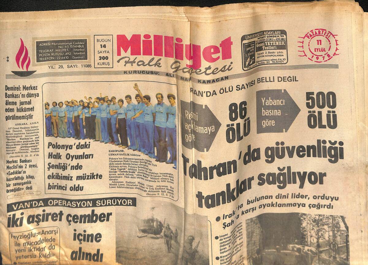 Milliyet Gazetesi 11 Eylül 1978 - Tahran'da Ölü Sayısı Belli Değil, Güvenliği Tanklar Sağlıyor - Nazım Hikmet Boğazdan Motorla Kaçtı GZ133320 - 1