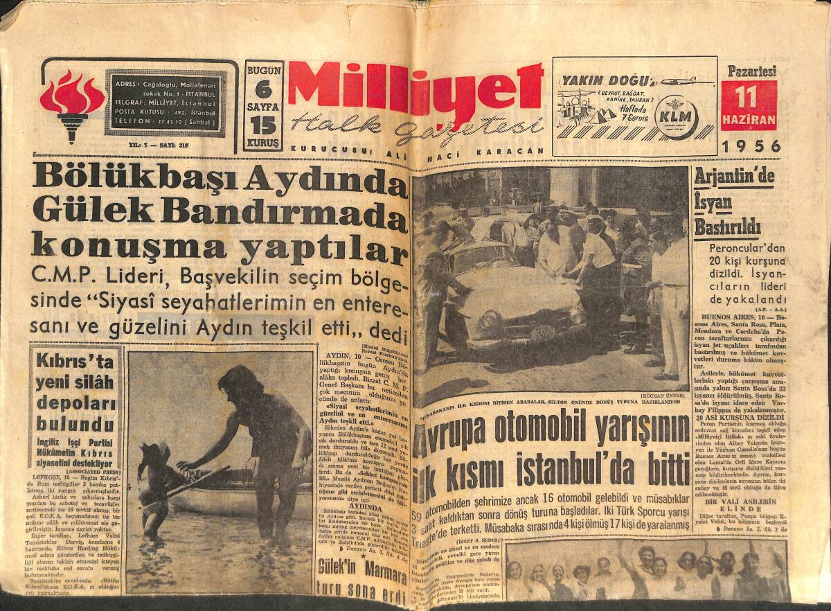 Milliyet Gazetesi 11 Haziran 1956 - Avrupa Otomobil Yarışının İlk Kısmı İstanbul'da Bitti - Stokholm Olimpiyat Oyunları Dün Açıldı GZ142533 - 1