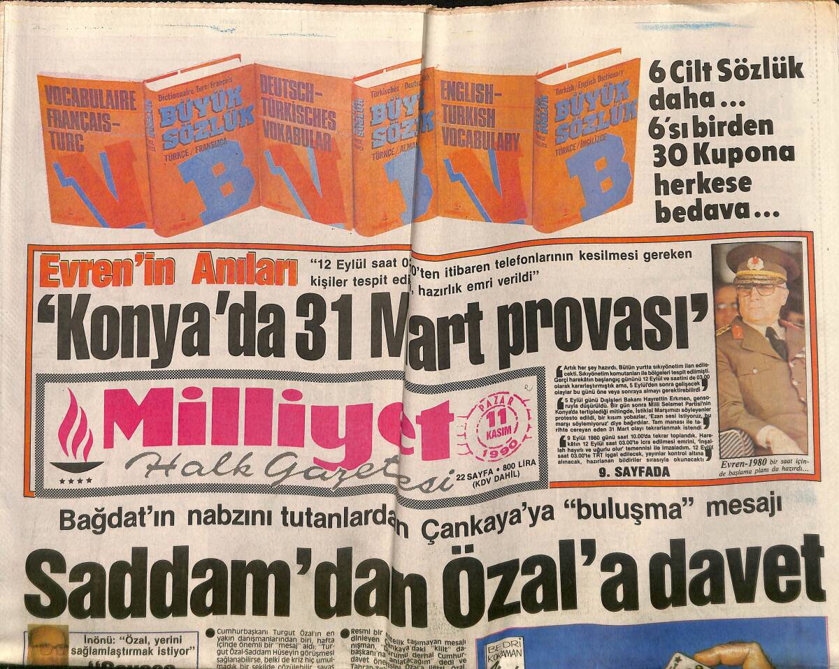 Milliyet Gazetesi 11 Kasım 1990 - Konya'da 31 Mart Provası - Saddam'dan Özal'a Davet - Türkan Şoray Yalnız Ve Cesur GZ149515 - 1