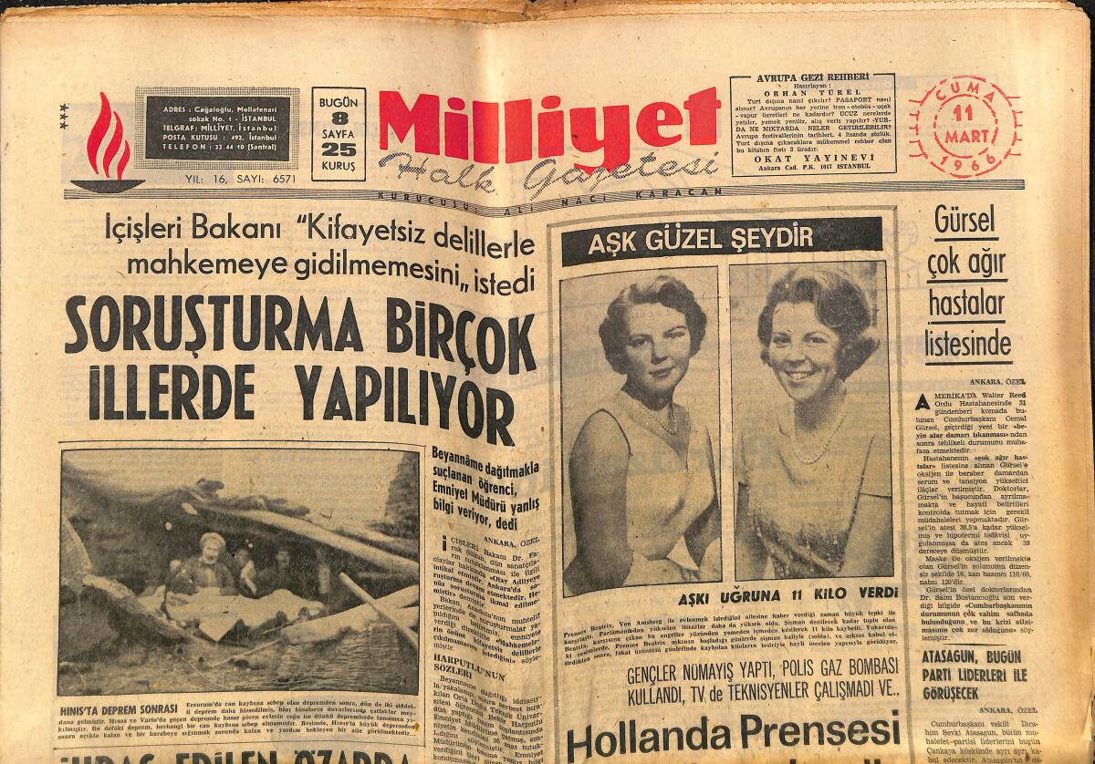 Milliyet Gazetesi 11 Mart 1966 - Gürsel Çok Ağır Hastalar Listesinde - Hollanda Prensesi Beatrix Evlendi - Milletvekilinin Tabancası Barda Patladı GZ140283 - 1