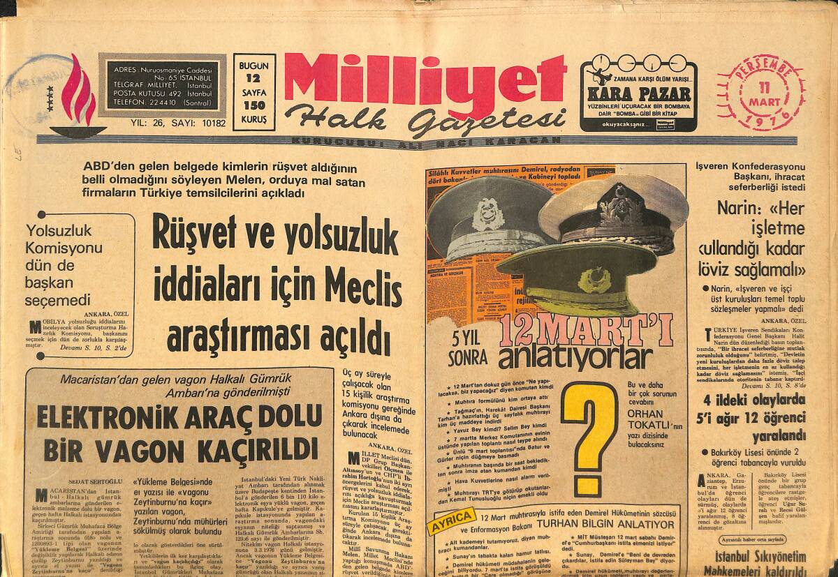 Milliyet Gazetesi 11 Mart 1976 - Ajda Pekkan Macias'la Olympia'da Özel Galaya Çıktı - Rüşvet Ve Yolsuzluk İddiaları İçin Meclis Araştırması Açıldı! GZ140149 - 1
